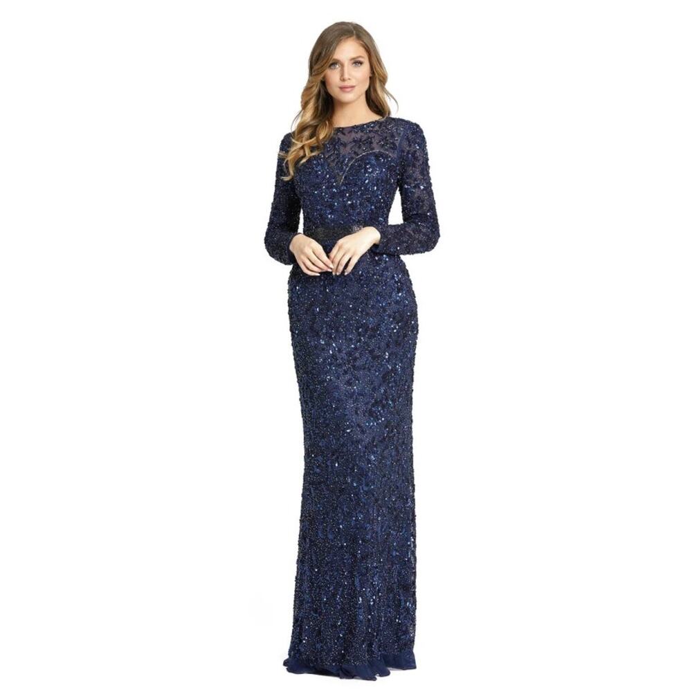 Mac Duggal 4316 Blue Long Sleeve Beaded Sequin Embellished Gown Size 6